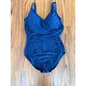 Lands' End Women's SlenderSuit Wrap One Piece blue swimsuit sz 16L